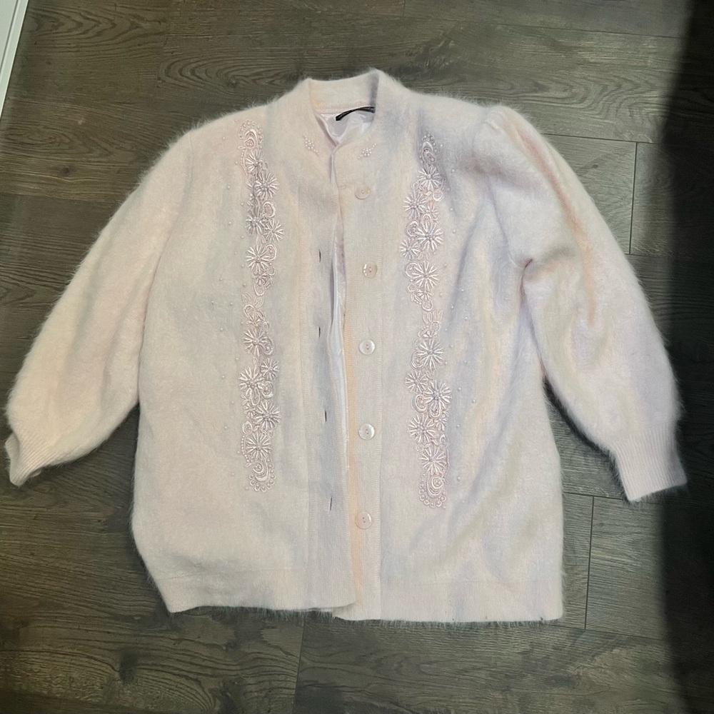 Lee Sands Pink Fuzzy Angora Blend Cardigan with Embellishments